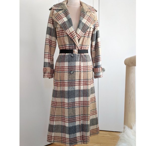 Vintage plaid maxi double breasted trench wool coat - Picture 2 of 11